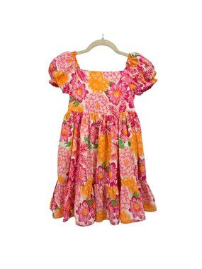 Joie Girls 7 Dress Floral Smock Puff Sleeve A-Line Cotton Pink Boho Hippie Party